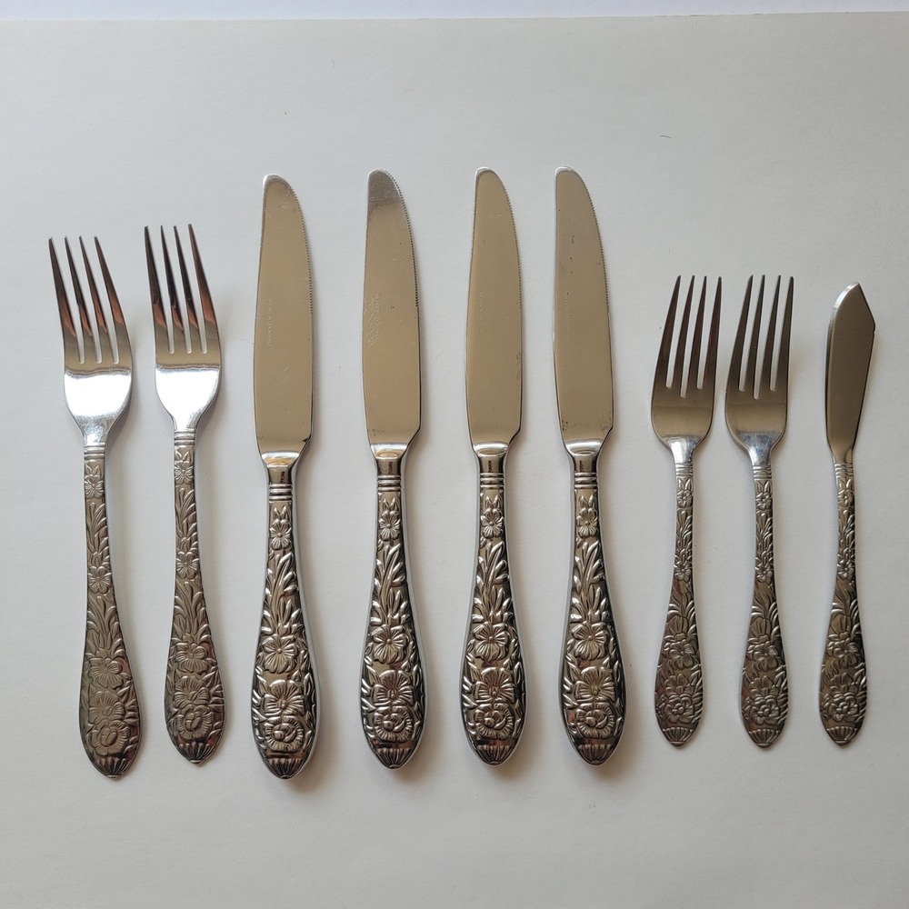 Cambridge Stainless Flatware 9 Lot Floral Fork Knife
